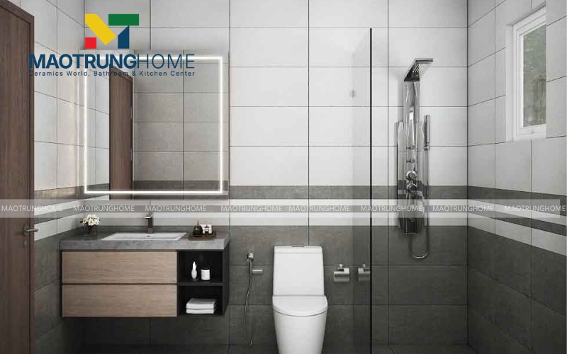 Điểm nhấn tinh tế cho khu vực gương soi bằng các mẫu gạch trang trí xám