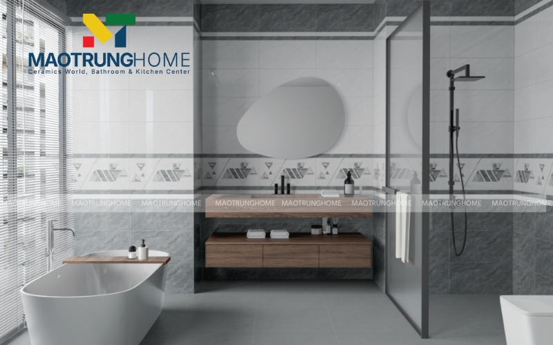 Gạch trang trí họa tiết giả cổ trên nền xám tạo dấu ấn riêng cho gia chủ