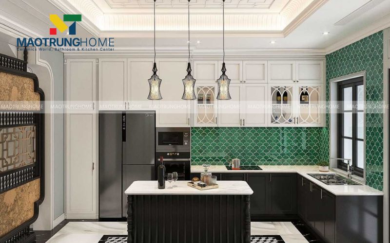 Gạch Mosaic vảy cá tông xanh biển cho gian bếp thêm mềm mại