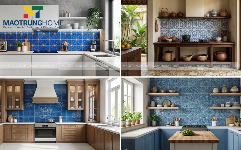 Gạch bông họa tiết xanh mang lại vẻ đẹp hoài cổ cho gian bếp