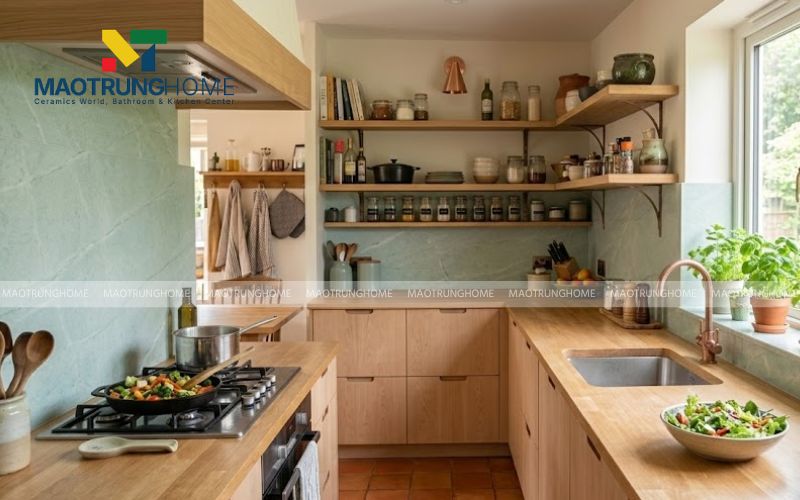 Gạch vân đá xanh khổ lớn hạn chế đường ron bám bẩn cho bếp