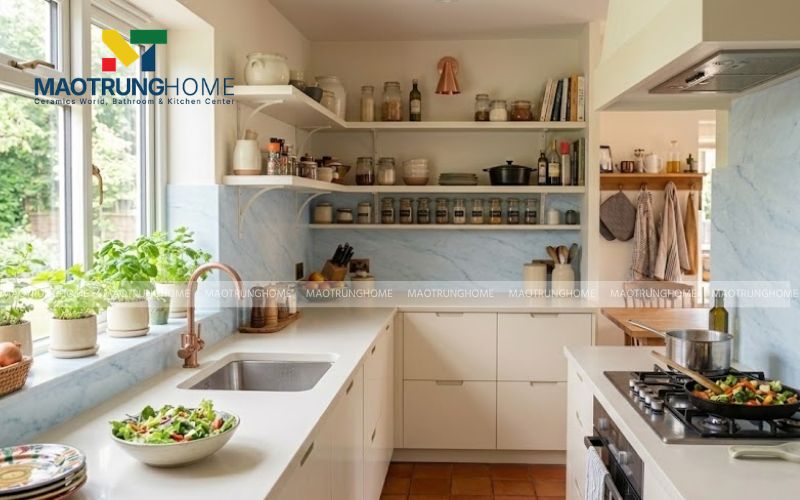 Gạch Porcelain vân đá xanh chịu nhiệt tốt cho khu vực đun nấu