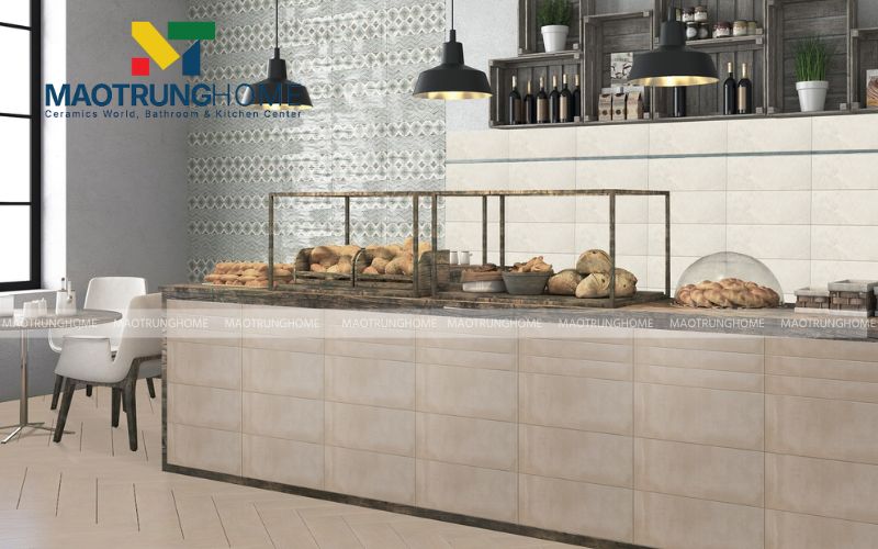 Gạch Porcelain khổ lớn 60x120cm tạo sự liền mạch cho mặt quầy bar