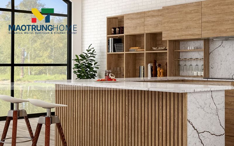 Gạch Porcelain vân gỗ mang lại vẻ đẹp ấm áp và gần gũi cho quầy bar