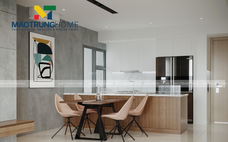 Tông màu xám bê tông trung tính làm nổi bật các thiết bị bếp hiện đại