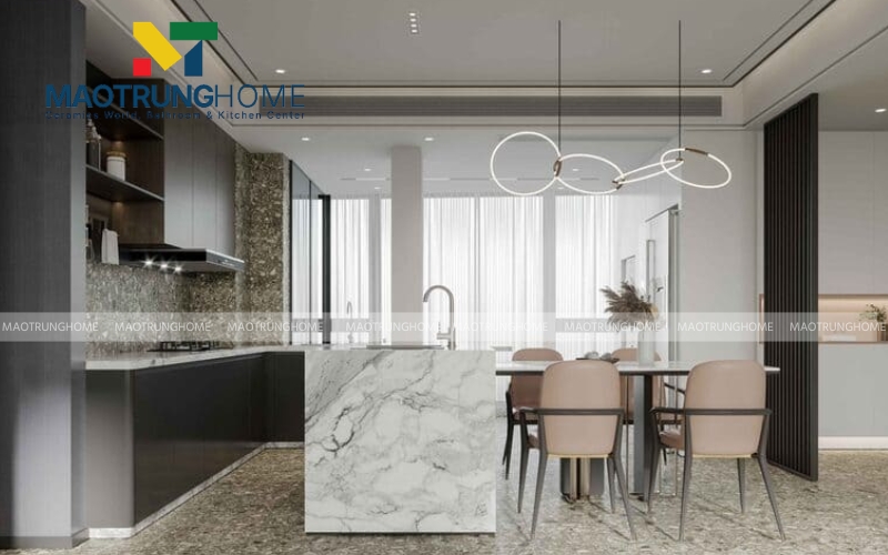 Gạch Terrazzo tông màu trung tính cho căn bếp thêm phần hiện đại
