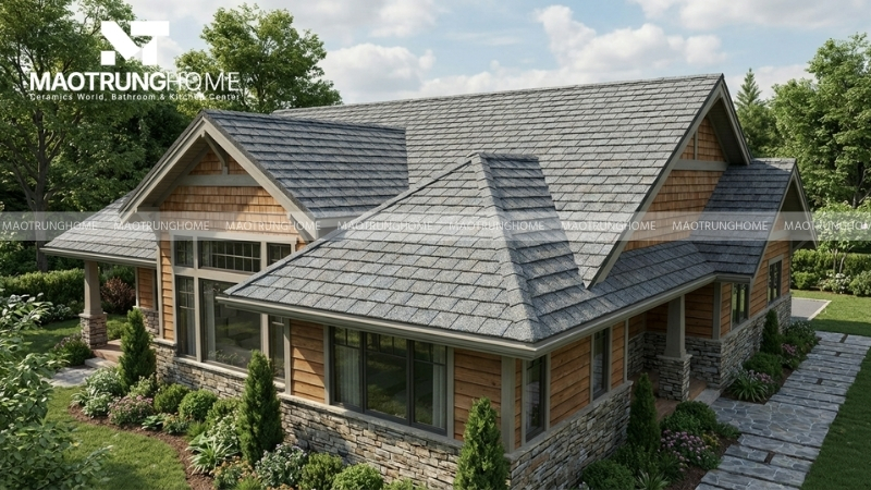 Hiệu ứng 3D từ lớp đá tự nhiên tạo chiều sâu ấn tượng cho mái nhà
