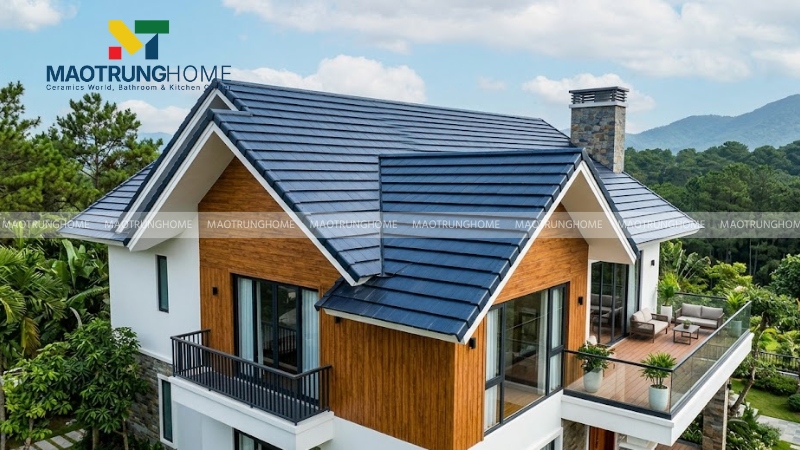 Phối gạch ngói màu xanh đen cùng màu vàng nhạt hoặc màu gỗ