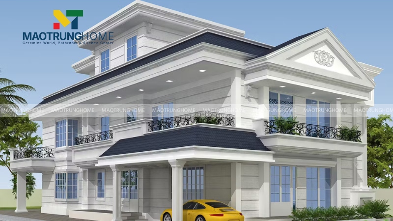 Phối hợp mái ngói màu xanh dương với tông màu trắng hoặc kem