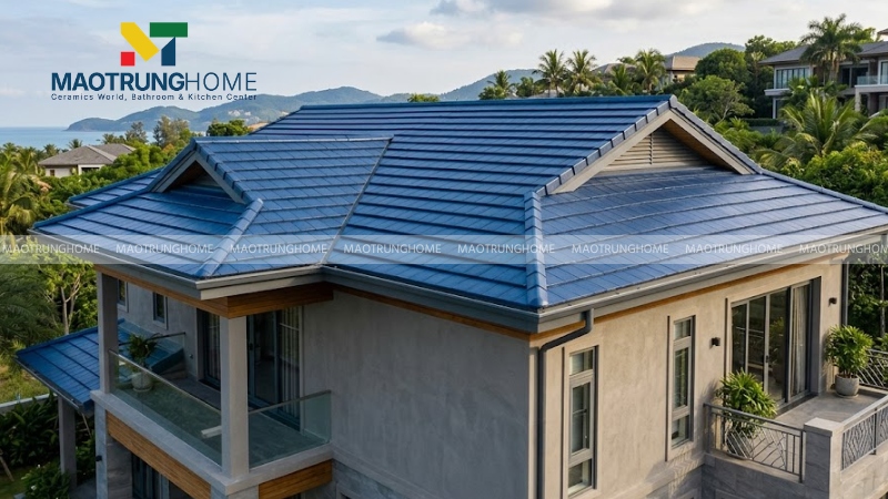 Phối hợp mái ngói màu xanh dương với tông màu xám hoặc ghi nhạt