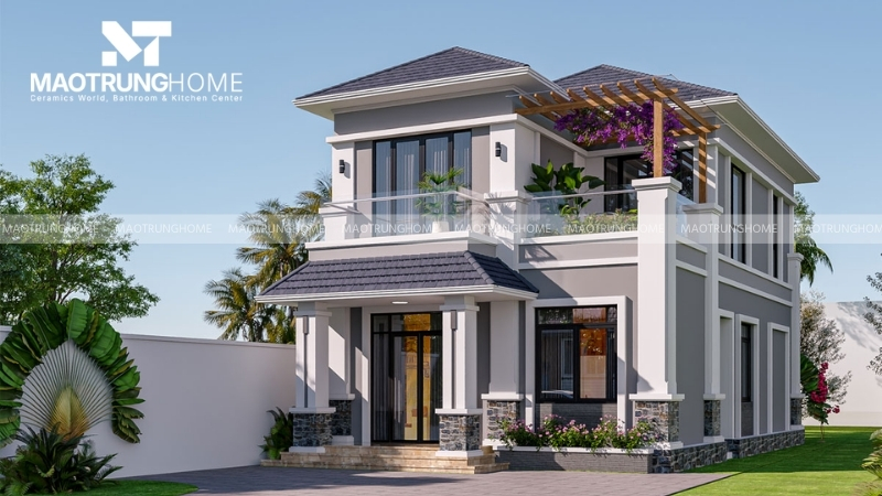 Mẫu nhà vuông 4 phòng ngủ 100m2 có sân vườn phía trước thoáng mát