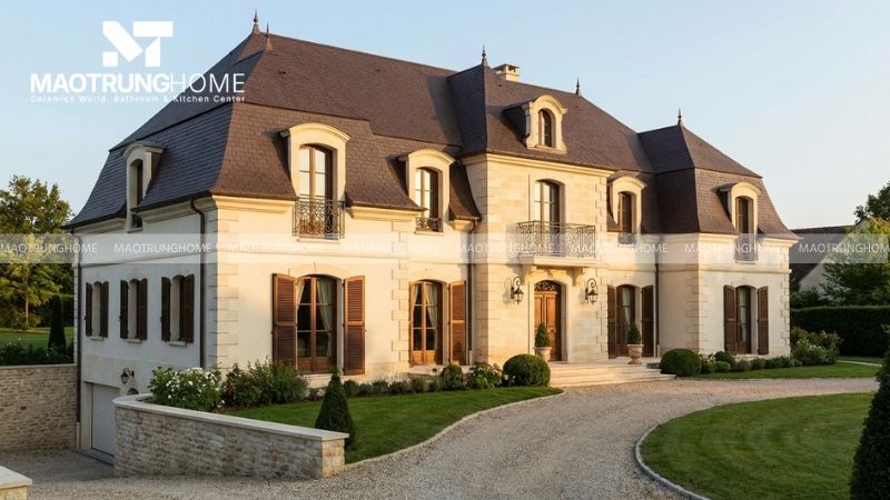 Nhà cổ điển mái màu nâu socola xu hướng hiện nay