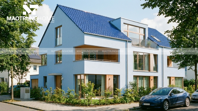 Sử dụng màu xanh pastel cho tường tạo sự đồng nhất tuyệt đối với mái nhà