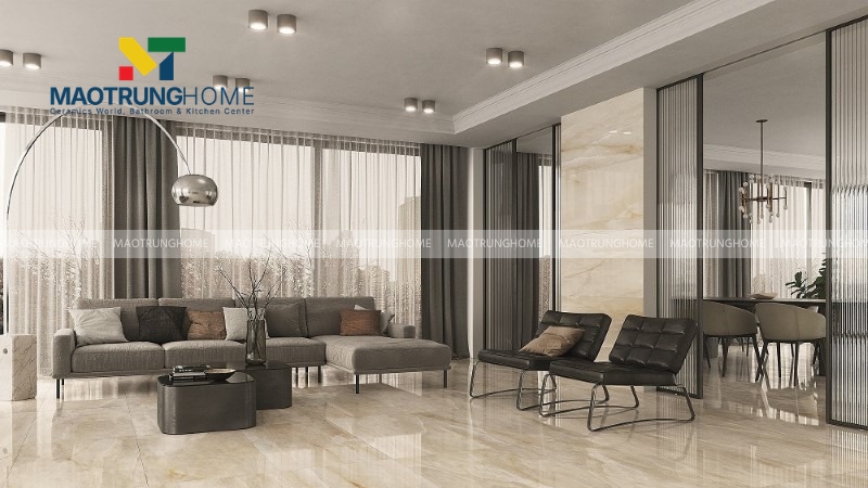 Gạch khổ lớn vàng kem tạo hiệu ứng liền mạch, giảm tối đa đường ron