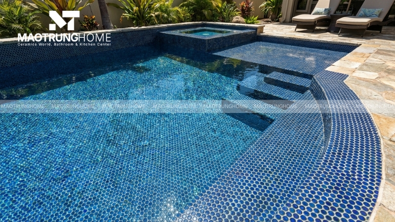 Gạch thủy tinh hình tròn là vật liệu phù hợp để ốp lát hồ bơi