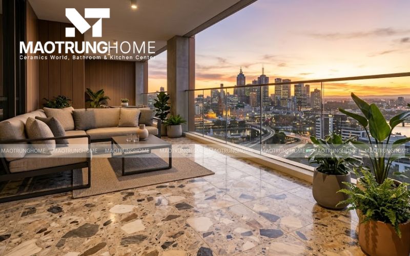 Gạch terrazzo với các hạt đá màu khổ lớn, tạo nên sàn nhà đầy màu sắc và hiện đại.
