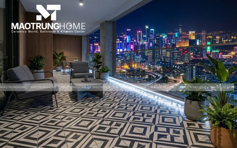 Gạch bông họa tiết đồng tiền đen trắng, tạo sự tương phản ấn tượng cho góc ngồi thư giãn.