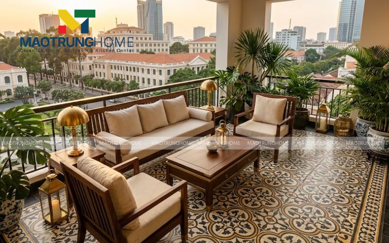 Gạch bông với họa tiết cổ điển màu vàng nâu, tạo vẻ đẹp hoài cổ và sang trọng.
