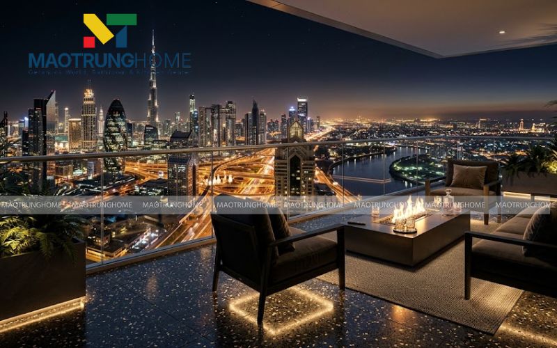 Gạch terrazzo hạt đá màu tối kết hợp với ánh đèn led dưới chân tường tạo hiệu ứng lung linh về đêm.