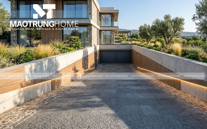 Mẫu gạch granite xám đen với hiệu ứng vân đá tự nhiên, chịu lực cực tốt cho dốc xe chạy.