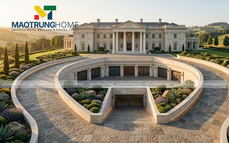 Đường dốc hầm uốn lượn sử dụng gạch xương granite nhám sần màu vàng nhạt, hài hòa tuyệt đối với cảnh quan biệt thự.