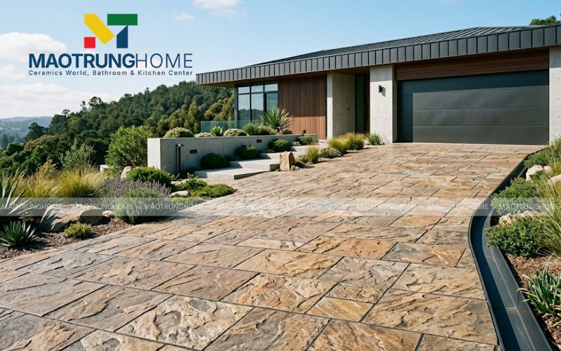 Giải pháp an toàn cho dốc hầm nhà phố dốc gắt với gạch granite xám đen có độ nhám bề mặt (matte) cực cao.