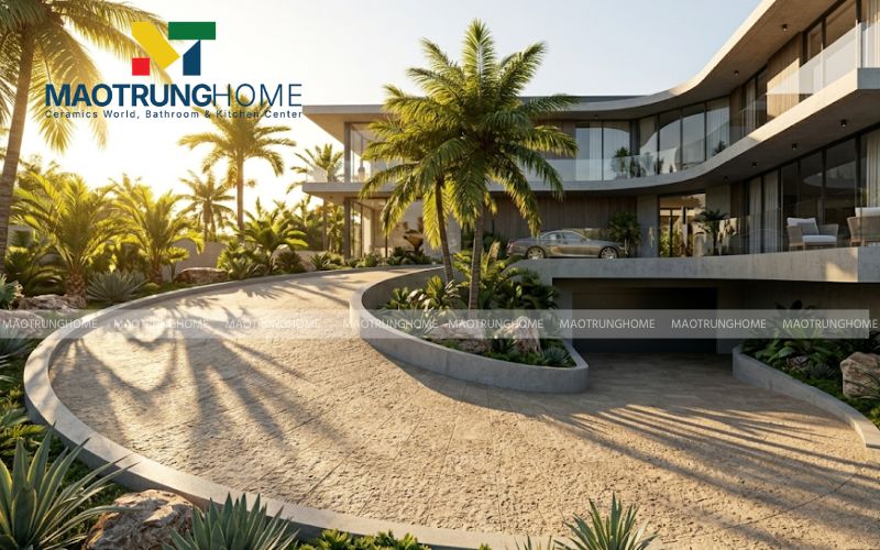 Thiết kế dốc xuống hầm hình bán nguyệt đẳng cấp, ốp lát gạch granite nhám sần kích thước lớn tạo sự bề thế cho công trình.