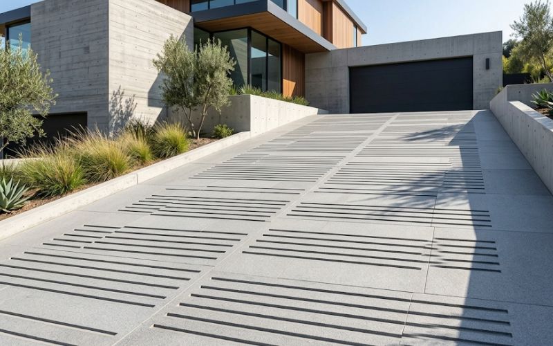 Đường dốc lên gara biệt thự tối giản (Minimalist) sử dụng gạch xẻ rãnh bản lớn, tối ưu hóa độ bám cho dốc đứng.