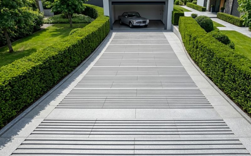 Mẫu gạch xẻ rãnh ngang màu xám nhạt (Light Grey) cho đường dốc gara, tạo vẻ đẹp hiện đại và bám lốp xe tối đa.