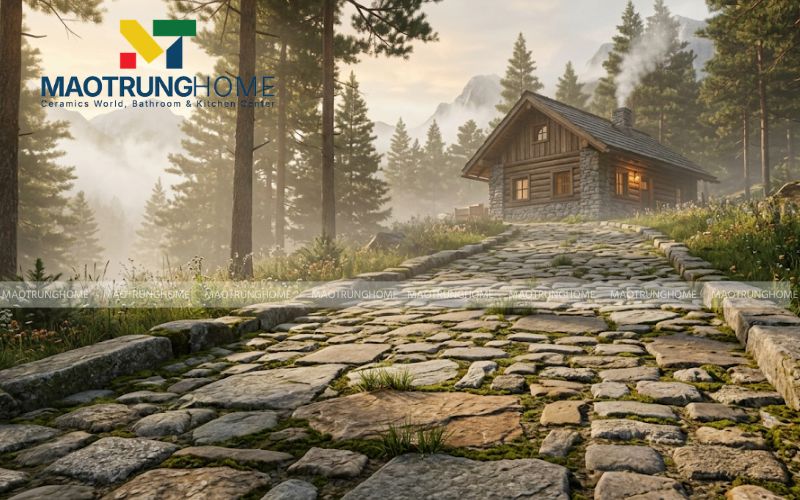 Đường dốc mộc mạc lát đá rối tự nhiên, giữ trọn vẹn nét đẹp nguyên sơ cho các khu nhà vườn, resort trên núi.