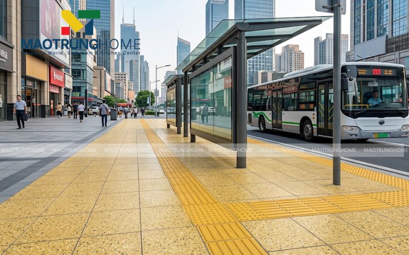 Sự kết hợp gạch Terrazzo vàng và gạch dẫn hướng cho người khiếm thị.