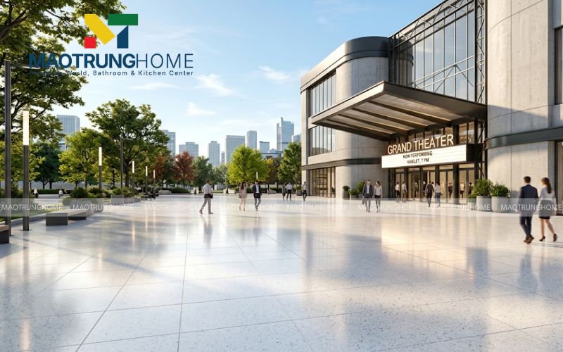 Không gian mở sang trọng với gạch Terrazzo trắng.