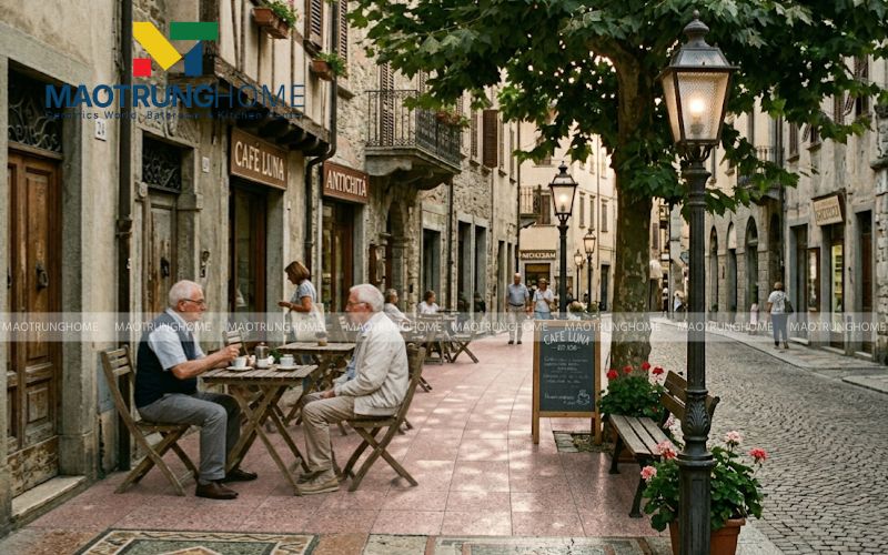 Vẻ đẹp cổ điển của gạch Terrazzo hồng trong không gian phố cổ.