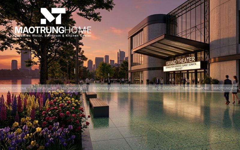  Hiệu ứng ánh sáng rực rỡ phản chiếu trên mặt gạch Terrazzo xanh.