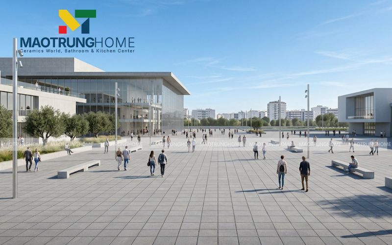 Phối cảnh gạch Block xám trong không gian kiến trúc tối giản.