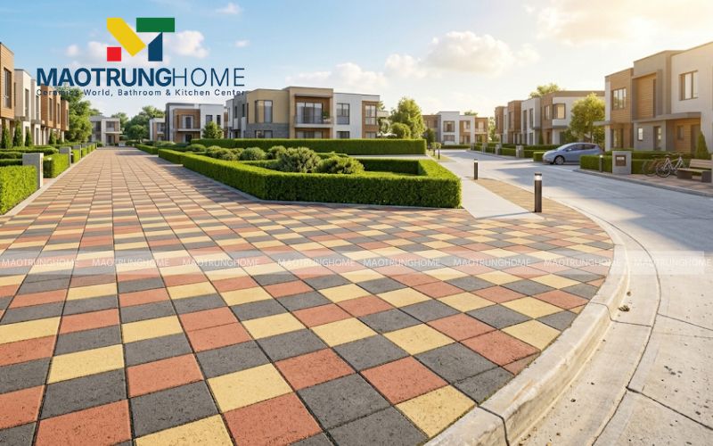 Phối cảnh gạch Block đa sắc (vàng, đỏ, đen) tạo điểm nhấn cho khu dân cư.