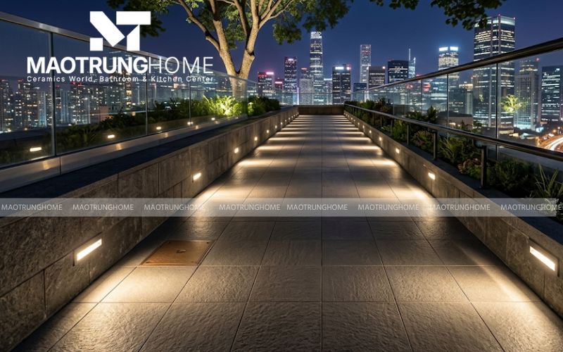  Phối cảnh gạch Porcelain giả đá kết hợp ánh đèn LED âm sàn về đêm.