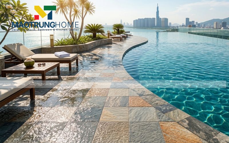 Gạch Porcelain vân đá Slate đa sắc chống trơn trượt quanh hồ bơi.
