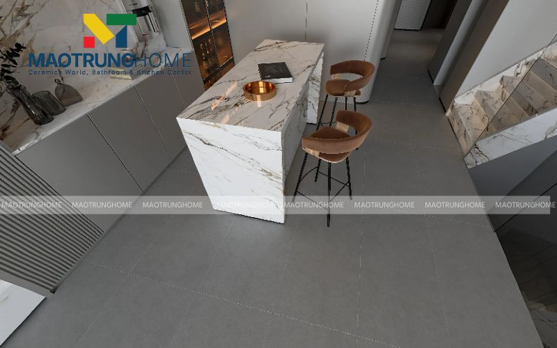 Gạch xi măng ốp lát đồng bộ cho bếp và khu vực sinh hoạt chung.