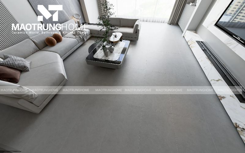 Gạch đơn sắc khổ lớn màu xám nhạt giúp không gian phòng khách trở nên rộng mở.