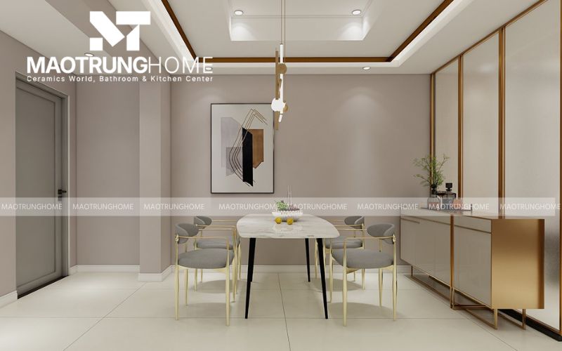 Thiết kế phòng ăn hiện đại với nền gạch vân đá tự nhiên bề mặt bóng kiếng.