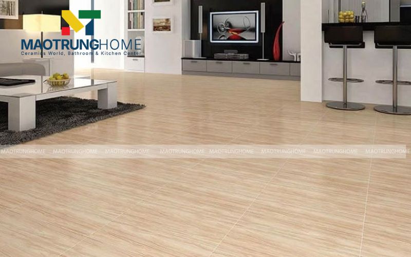 Không gian sống hiện đại và gần gũi với mẫu gạch lát nền vân gỗ tông màu sáng.