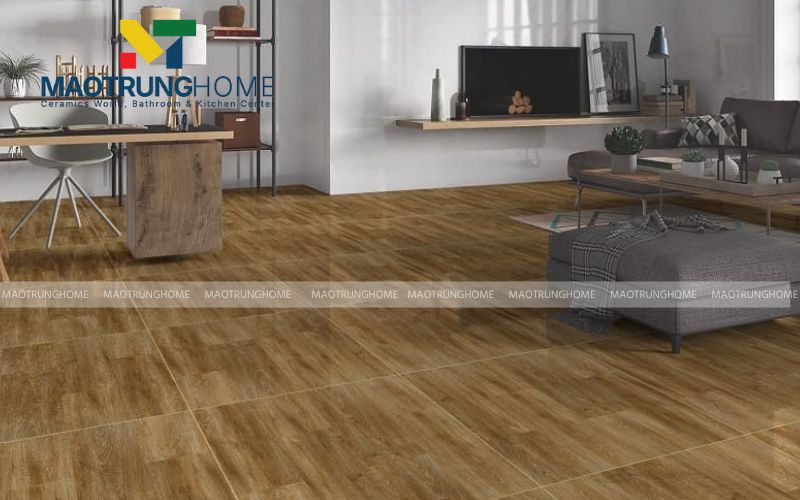 Gạch vân gỗ màu nâu trầm mộc mạc cho phòng làm việc phong cách tối giản.