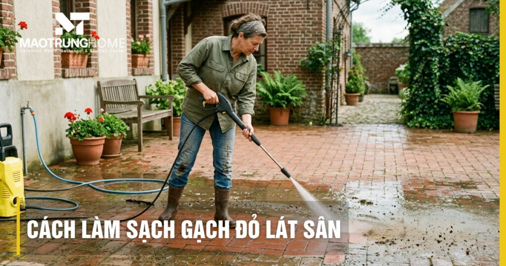 Cách làm sạch gạch đỏ lát sân khỏi xi măng và rong rêu hiệu quả