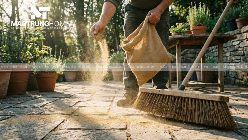 Rắc cát mịn lên sân và dùng chổi cứng quét