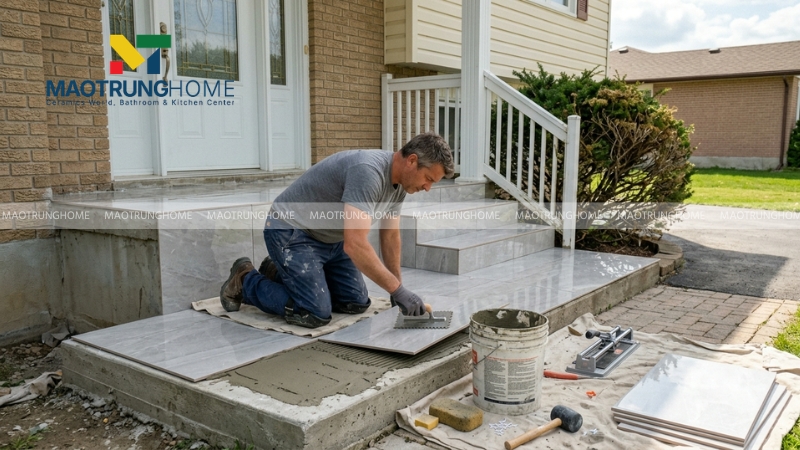 Đặt viên gạch vào vị trí đã trải keo, ấn nhẹ tay