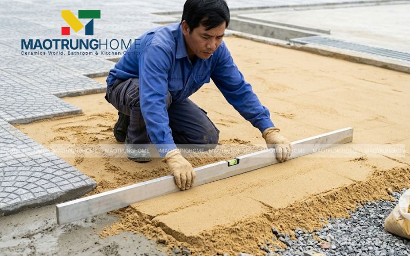 Tạo lớp đệm cát phẳng mịn bằng thước chuyên dụng trước khi tiến hành lát gạch