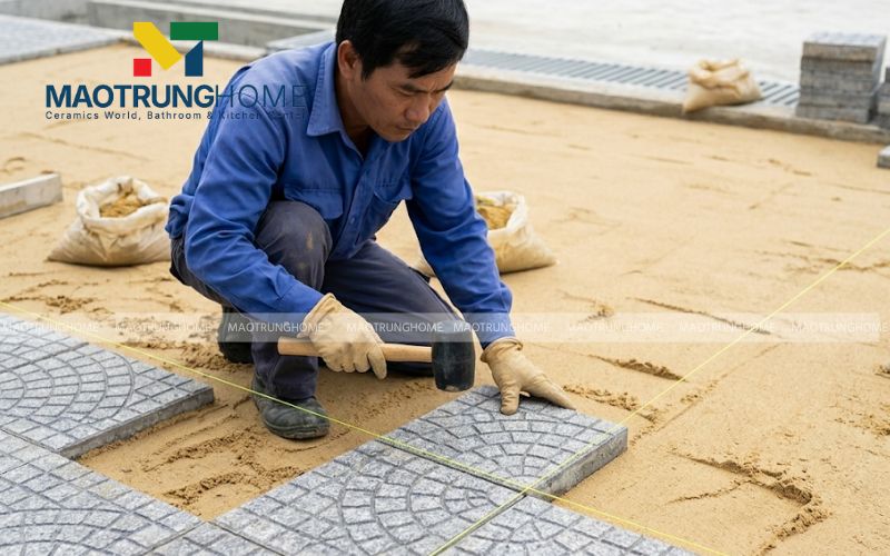 Dùng búa cao su căn chỉnh và cố định từng viên gạch theo dây định vị.