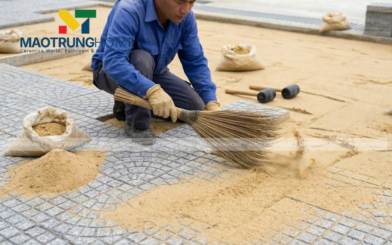 Dùng cát khô lấp đầy các khe gạch để tạo sự liên kết và khóa chặt các viên gạch