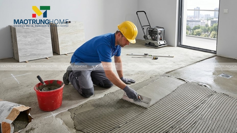 Xử lý cốt nền và trải vữa keo dán gạch